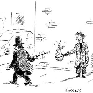 A Magician Points His Wand At A Beggar's Hat by David Sipress