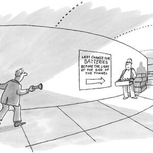 A Man In A Tunnel Holds A Flashlight At Another by Jack Ziegler