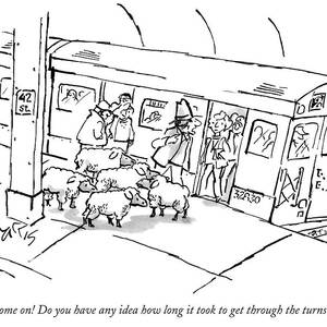A Man On The Subway Platform With Five Sheep by Sidney Harris