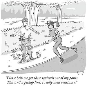 A Man Standing By A Path Is Covered In Squirrels by Farley Katz