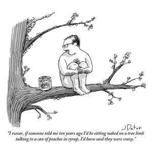 A Naked Man Sitting On A Tree Branch Is Talking by Joe Dator