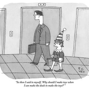 An Elf Carrying Briefcase Says To The Man by Peter C. Vey