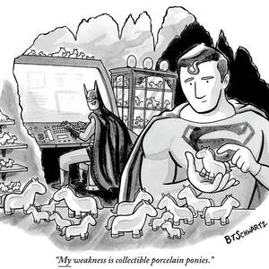Batman And Superman In Batcave Looking At Small by Benjamin Schwartz