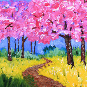 Cherry Trees and Field Mustard After the Rain Acrylic Painting by Beverly Claire Kaiya