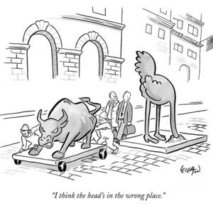 Movers Push A Bull Statue Out Of The Way To Make by Robert Leighton