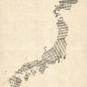 Old Sheet Music Map of Japan by Michael Tompsett