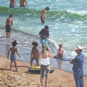 people on Bournemouth beach pulling dinghies by Martin Davey