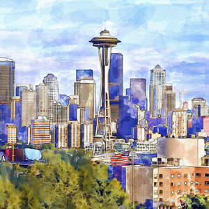 Seattle Skyline Watercolor by Marian Voicu by Marian Voicu