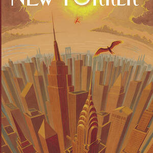 Skyline Of Nyc At Sunset With Icarus Flying Close by Eric Drooker