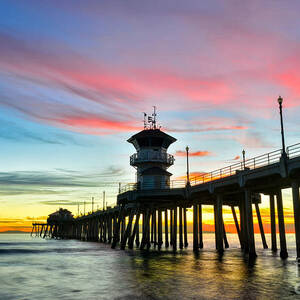 Sunset at Huntington Beach Pier Pyrography by Peter Dang - Fine Art America