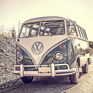 Surfer's Vintage VW Samba Bus at the beach by Edward Fielding