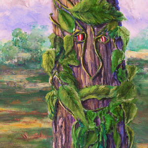 Tree with a Leaf Face Landscape Art by Lenora  De Lude