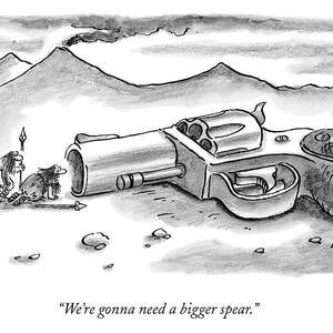 Two Cavemen Looking Into The Barrel Of An by Frank Cotham