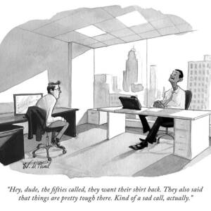 Two Men Speak In An Office by Will McPhail