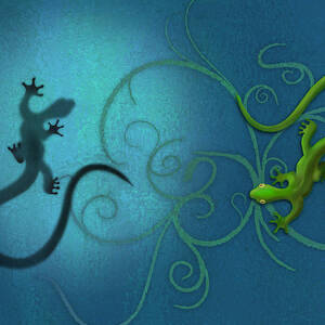 water colour print of twin geckos and swirls Duality by Sassan Filsoof
