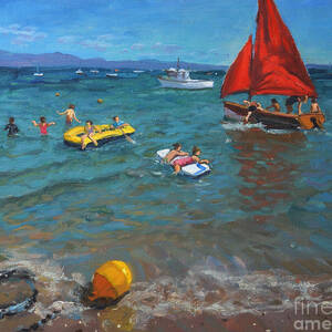 Yellow buoy and red sails by Andrew Macara