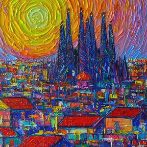 Abstract Sunset Over Sagrada Familia In Barcelona Painting by Ana Maria ...