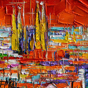 BARCELONA SAGRADA FAMILIA VIEW FROM PARC GUELL abstract palette knife oil painting by Mona Edulesco
