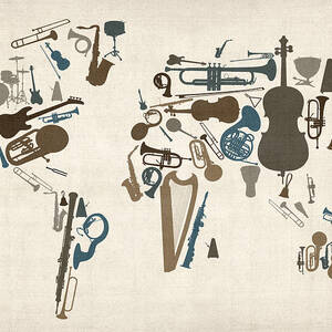 Musical Instruments Map of the World Map by Michael Tompsett