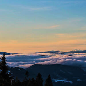 Panoramic Sunrise from Mt Hood Looking at Mt. Jefferson by Bruce Block
