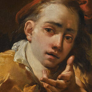 Portrait of a Young Man, Bust-Length, wearing a red Cap and gesturing to the Viewer by Gaetano Gandolfi