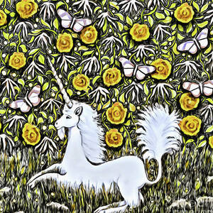 Unicorn with Yellow Flowers and Butterflies by Lise Winne