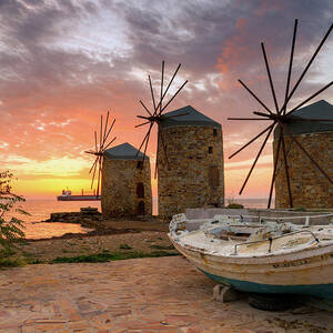Sunrise Image Of The Iconic Windmills In Chios Town. #4 by Cavan Images