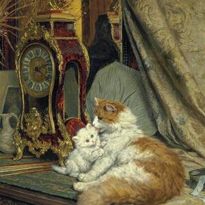 A Mother Cat And Her Kitten With A Bracket Clock by Henriette Ronner-knip