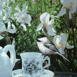 Chickadee And Teacup by Ron Parker
