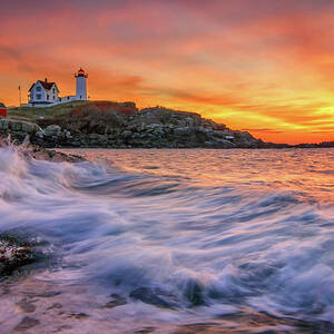 14.5x7.5 matted to 20x16 Nubble Lighthouse Dawn Maine Photograph. Cape Neddick
