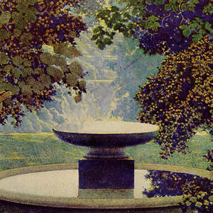 Knave of Hearts - Lute Player by a fountain by Maxfield Parrish