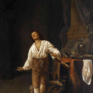 A violin player in an interior with a pewter tankard, jug and platter on a table before a column by Maerten Stoop