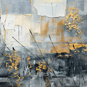 Abstract composition features a blend of muted gray and cream tones with striking gold accents by Mango Art
