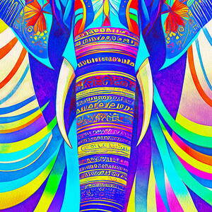 Abstract elephant portrait with colorful swirls and decorative patterns by Nicko Prints