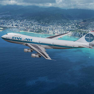 Classic Pan Am Boeing 747 over Waikiki Beach Hawaii by Erik Simonsen