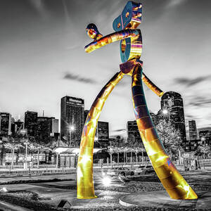 Dallas Texas Monochrome Skyline and Golden Traveling Man by Gregory Ballos