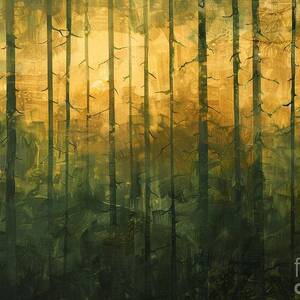 Dawn forest scene in abstract with green, brown, gold layers by Michal Bednarek