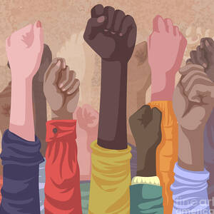 Fist hands up of different types of skins, multiracial raised fists concept art print by Mounir Khalfouf