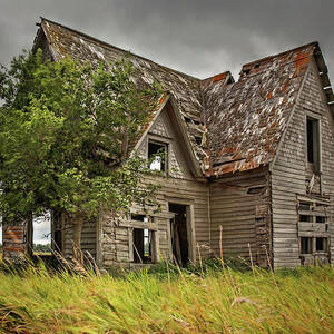 Foreboding -  abandoned farmhouse on the ND prairie by small lake - COLOR version by Peter Herman