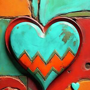 Southwestern Heart II red turquoise orange ochre 3d art by Bonnie Bruno