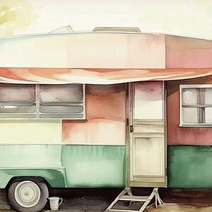 Spring tones watercolor vintage camper travel trailer 4 by Cindy Shebley