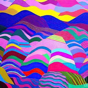 SUNSET OVER ROLLING HILLS  PATCHWORK FIELDS Painting abstract landscape stylized landscape patterns in landscape patchwork fields sunset over lake shapes and patterns 3d abstract alien alien planet by N Akkash