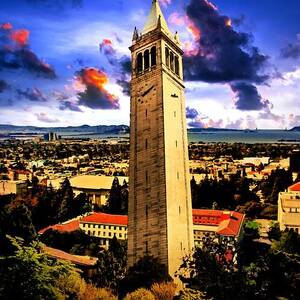 The Sather Tower and a a view to Berkeley Campus, downtown Berkeley and San Francisco Bay at sunrise by Nicko Prints