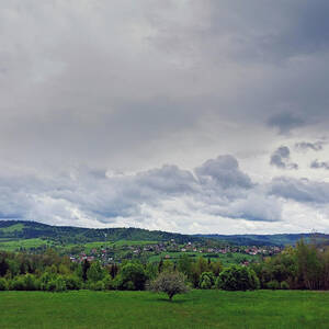 Vertical shot of landscape view of Polish mountains with a tree at the center of a huge green meadow during overcast cloud located in the region of Beskid Wyspowy in town of Rabka Zaryte , Poland by Arpan Bhatia