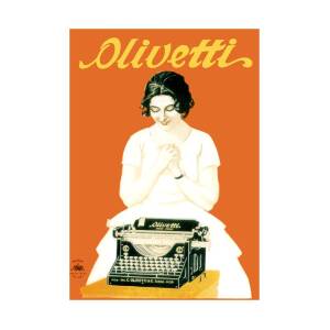 4191.Olivetti.woman in front of typewriter.red background.POSTER.Home Office art 