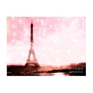 Eiffel Tower in black alternating with black and pink hearts printed on  5/8 light pink single face satin ribbon, 10 yards