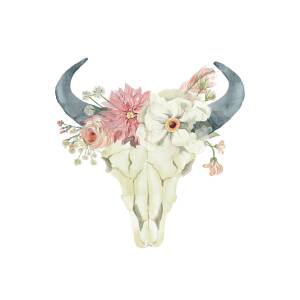 Boho Bull Skull Watercolor Floral Anemone Tribal Decor Digital Art