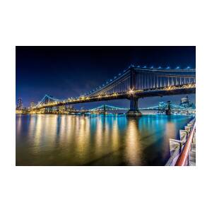 Manhattan and Brooklyn Bridges at night. Photograph by Val Black ...