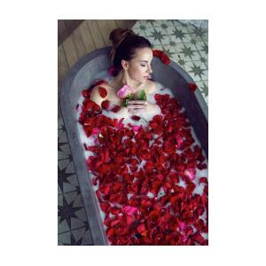 Beautiful Girl Lying In A Stone Bath With Rose Petals And Foam #3 by Elena  Saulich