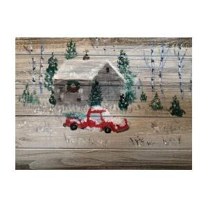 Bringing Home the Christmas Tree by Michele Volpe on a 26 12 inch by 14 12 inch wood pallet panel painted with acrylic paints